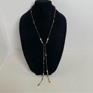 Gorgeous Lariat Necklace with sparkling black, gold tone and rhinestones accents